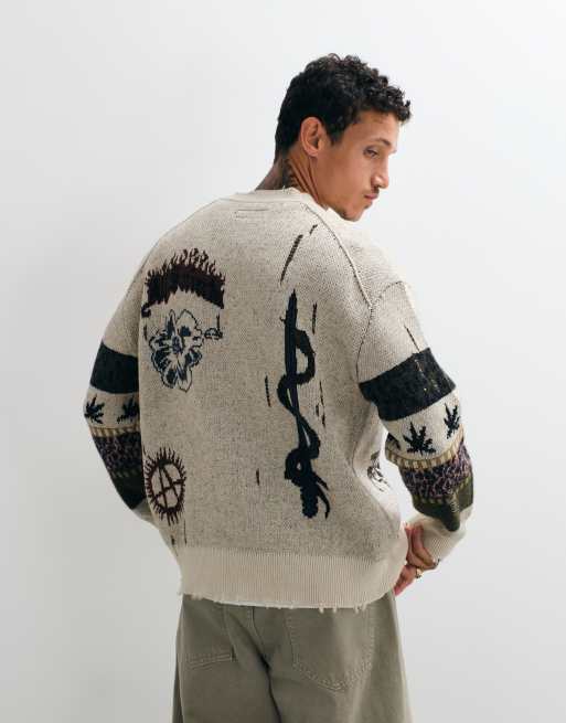AllSaints - Bram - Cardigan in maglia marrone/écru con logo ricamato, 4 di 5