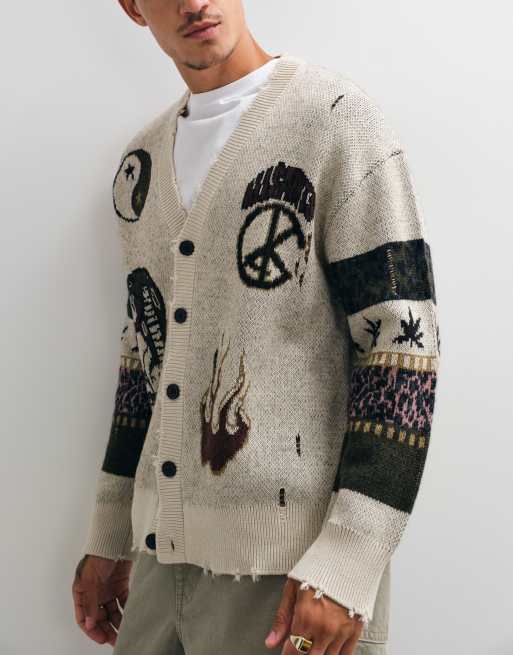 AllSAints Bram embroidered graphic logo knit cardigan in brown/ecru, 2 of 5