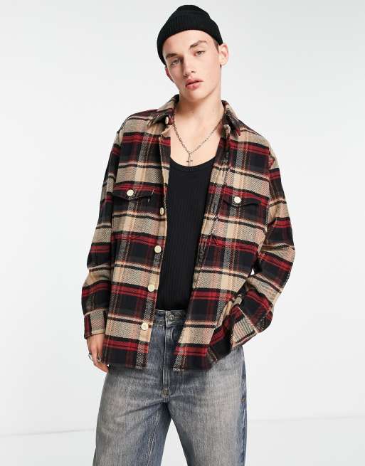 AllSaints Brattle check overshirt in beige and dark red | ASOS