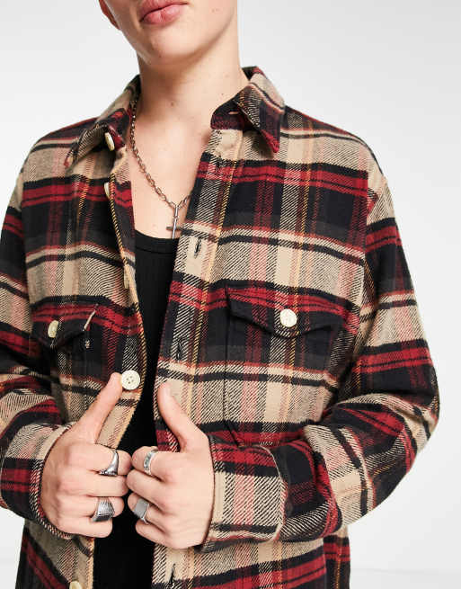 AllSaints Brattle check overshirt in beige and dark red | ASOS