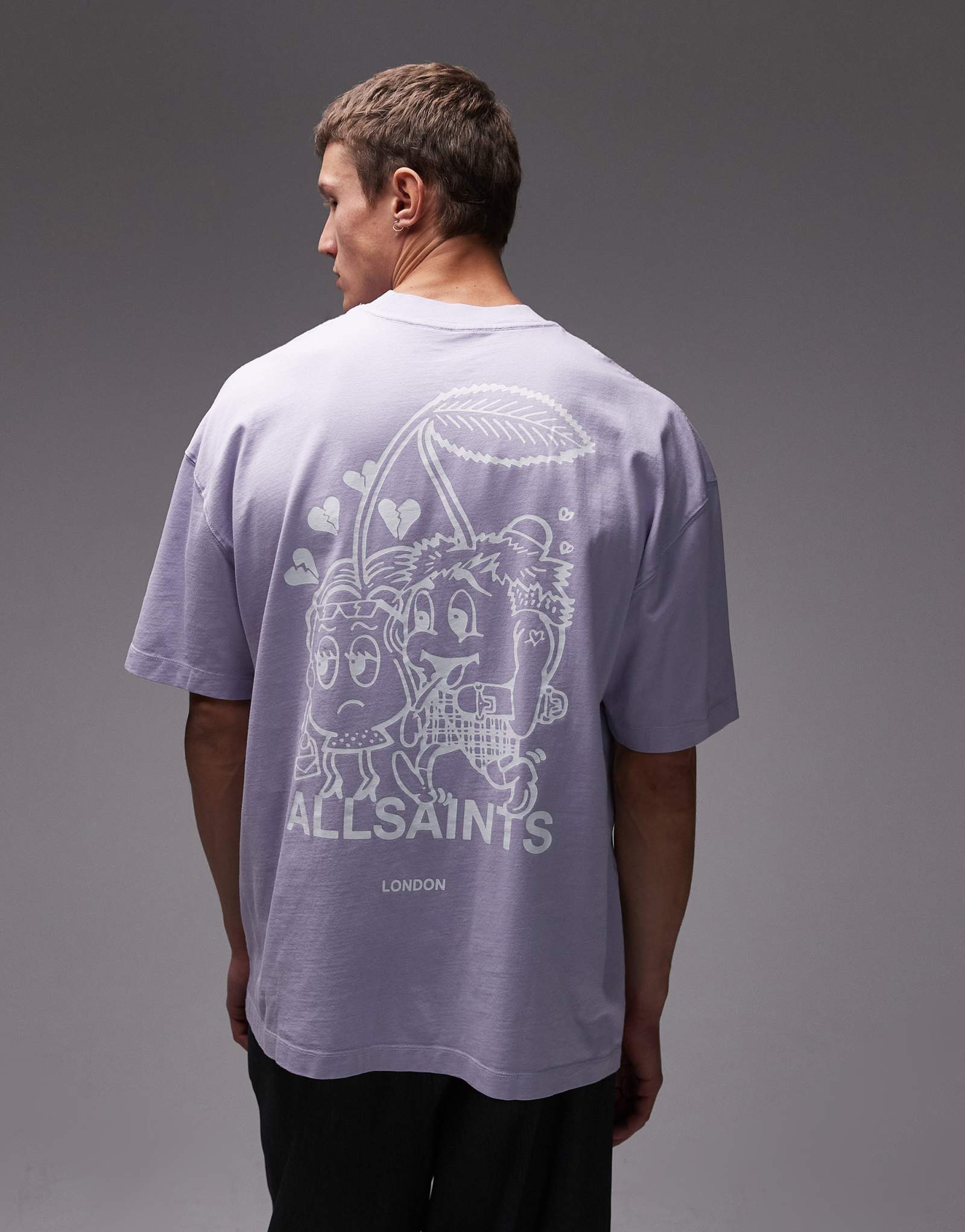 Футболка с рисунком AllSaints Breakup на спине сиреневого цвета 