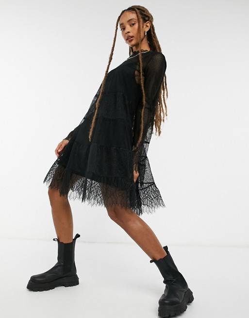 AllSaints Briella long sleeve lace mini dress with tiered detail in black