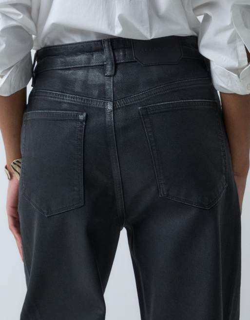 AllSaints Brixton wide leg coated denim jeans in black, 4 of 5