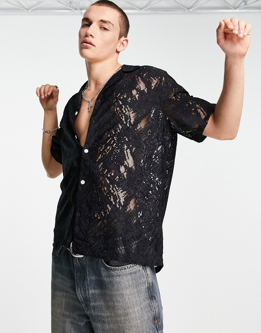 AllSaints Broderie short sleeve lace shirt in black