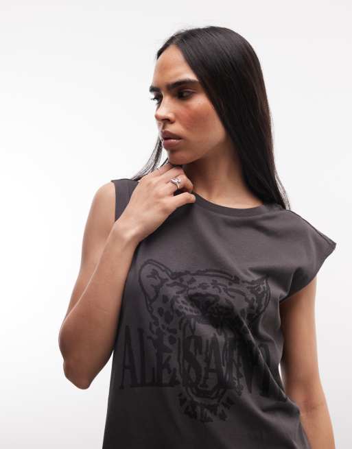 AllSaints - Brooke - Robe t-shirt courte sans manches à logo Sun City - Gris délavé, 3 de 4