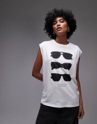 AllSaints - Brooke - Trägertop in optischem Weiß mit Sonnenbrillen-Motiv
