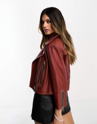 AllSaints Brooks leather biker jacket in vintage red