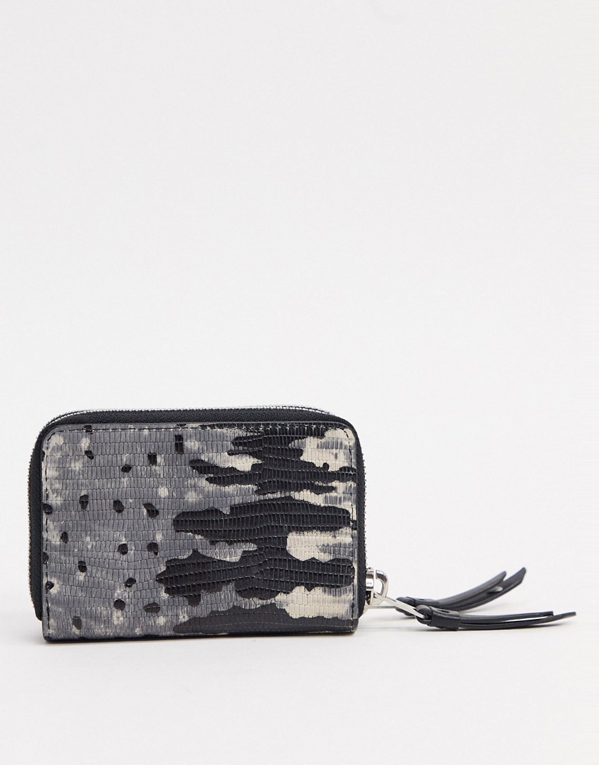 AllSaints – Brune – Grå plånbok i strukturerat läder med ödlemönster