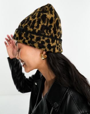 AllSaints brushed knit beanie with leather tab in leopard