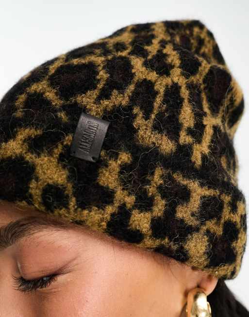 AllSaints brushed knit beanie with leather tab in leopard | ASOS display picture 2