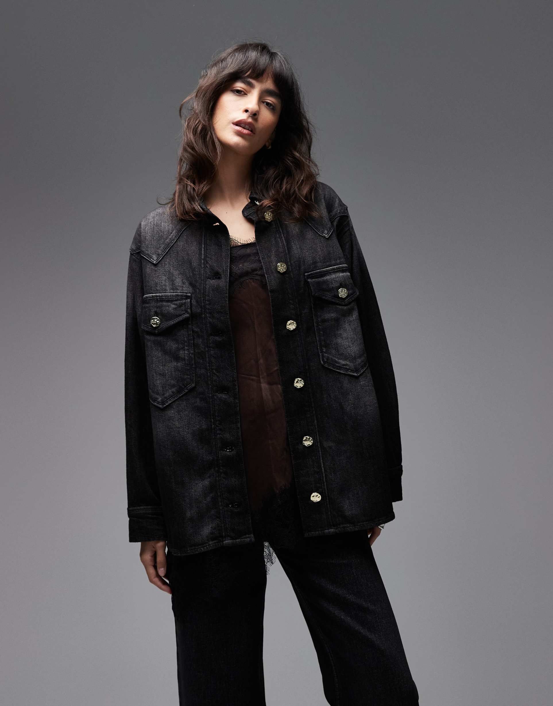 allsaints bryn denim shacket in washed black