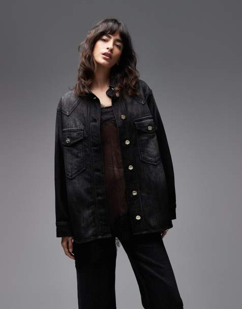 Allsaints Bryn denim jacket with gold button detail in washed black