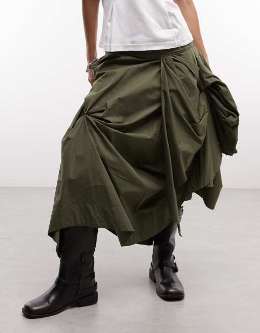 AllSaints Brynne gathered ruffle tiered asymmetric midi skirt in khaki green, 2 of 5