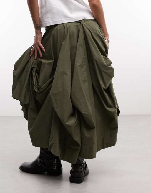 AllSaints Brynne gathered ruffle tiered asymmetric midi skirt in khaki green, 5 of 5