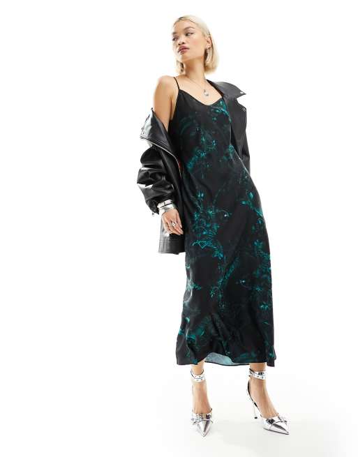 PRINTED SATIN MIDI DRESS - Black / Green