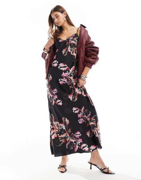AllSaints – Bryony – Czarna satynowa sukienka maxi ze wzorem - view 1