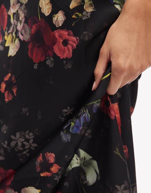 AllSaints bryony floral print midi slip dress in black, 3 of 4
