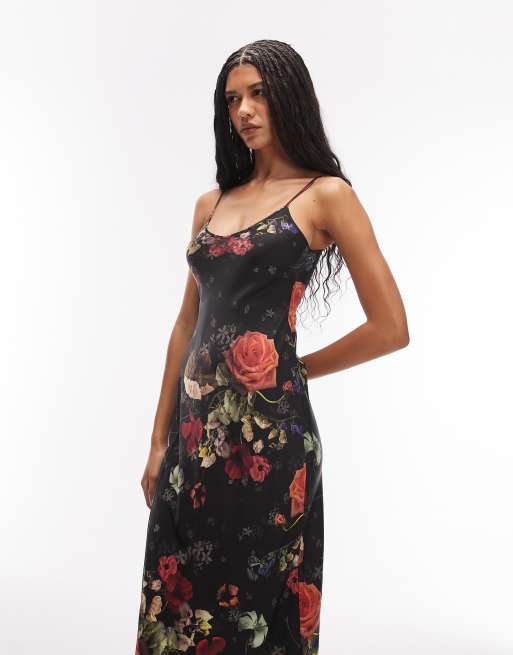 AllSaints bryony floral print midi slip dress in black, 4 of 4