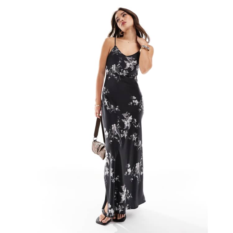 AllSaints Bryony Iona satin maxi slip dress in black | ASOS 
