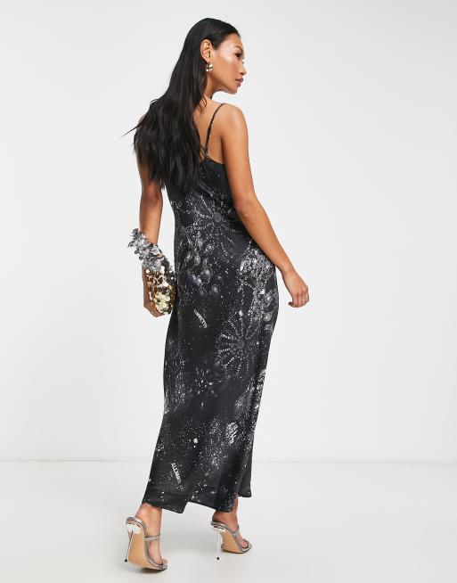 AllSaints - Bryony Liza - Vestito midi in raso nero con stampa, 2 di 4