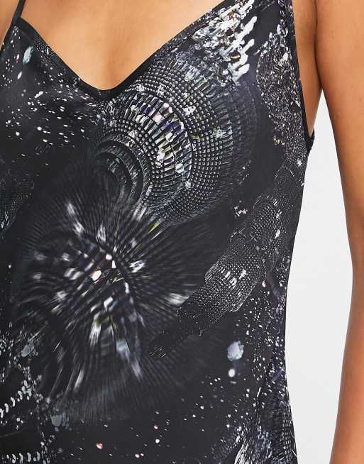 AllSaints - Bryony Liza - Vestito midi in raso nero con stampa, 3 di 4
