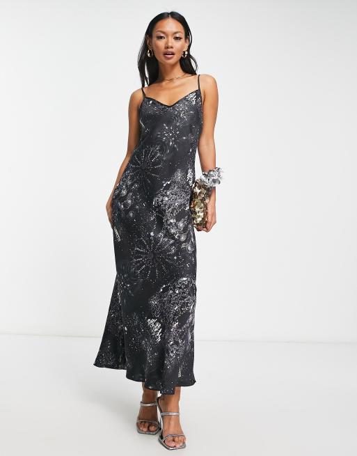 AllSaints - Bryony Liza - Vestito midi in raso nero con stampa, 4 di 4