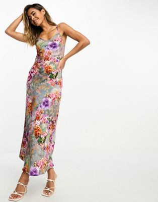 AllSaints Bryony Lucia satin midi slip dress in multi floral - ASOS Price Checker