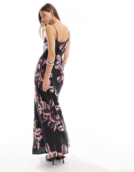 AllSaints Bryony satin maxi dress in black print | ASOS 