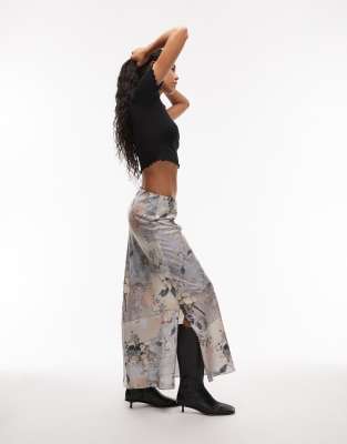 Bryony satin maxi skirt in pastel floral-Blue