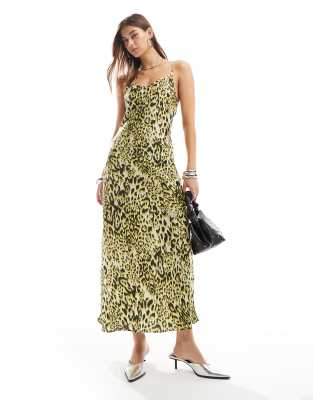 AllSaints Bryony satin midi dress in leopard print-Green