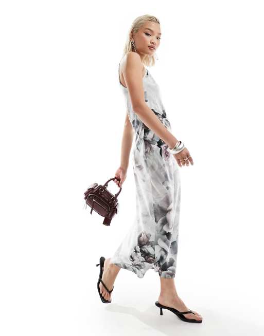 AllSaints - Bryony Valley - Vestito midi in raso blu a fiori