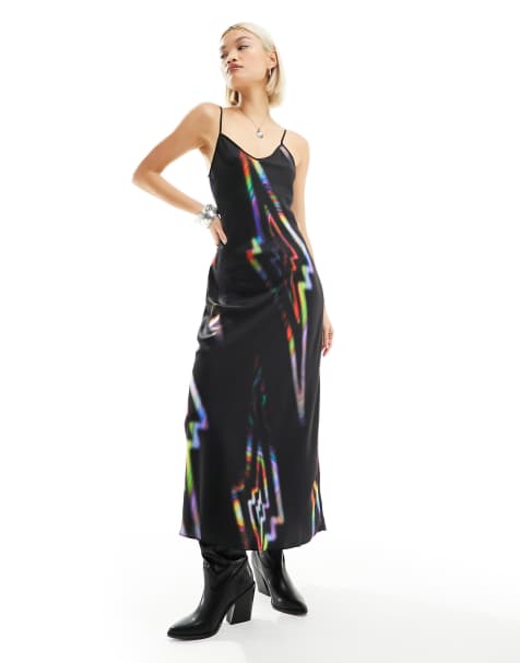 AllSaints - Bryony - Vestito sottoveste midi nero con motivo elettrico - view 1