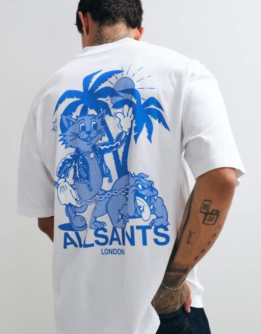 AllSaints Bulldog short sleeve graphic logo t-shirt with back print in white, 2 of 5