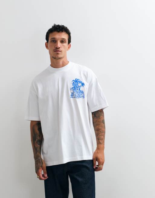 AllSaints Bulldog short sleeve graphic logo t-shirt with back print in white, 4 of 5