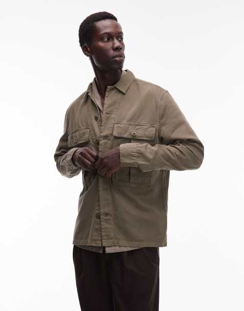 Allsaints button through overshirt in khaki - view 1