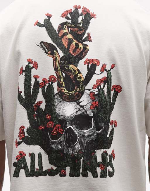 AllSaints Cacti short sleeve graphic logo t-shirt with back print in off white, 3 of 5