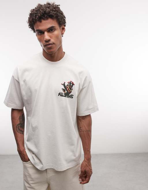 AllSaints Cacti short sleeve graphic logo t-shirt with back print in off white, 4 of 5