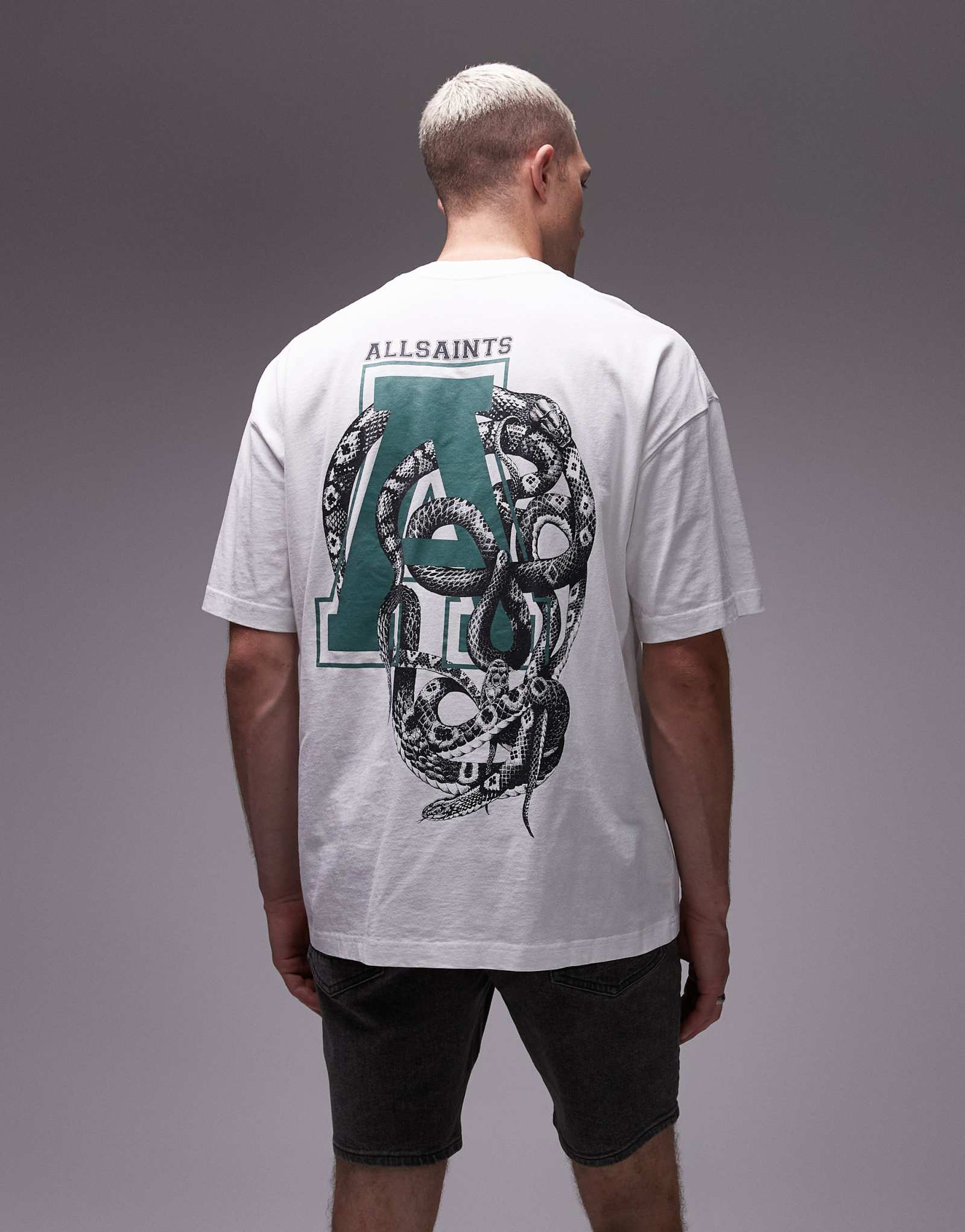 Футболка AllSaints с изображением Кадуцея пепельно-белого цвета