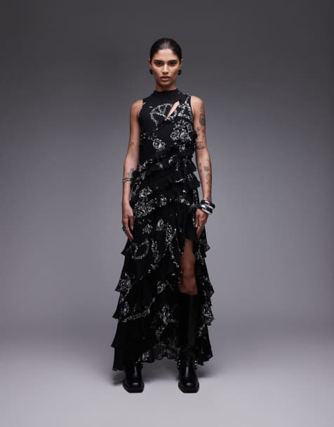 AllSaints - Cady - Jurk met ruches en print in zwart - view 1