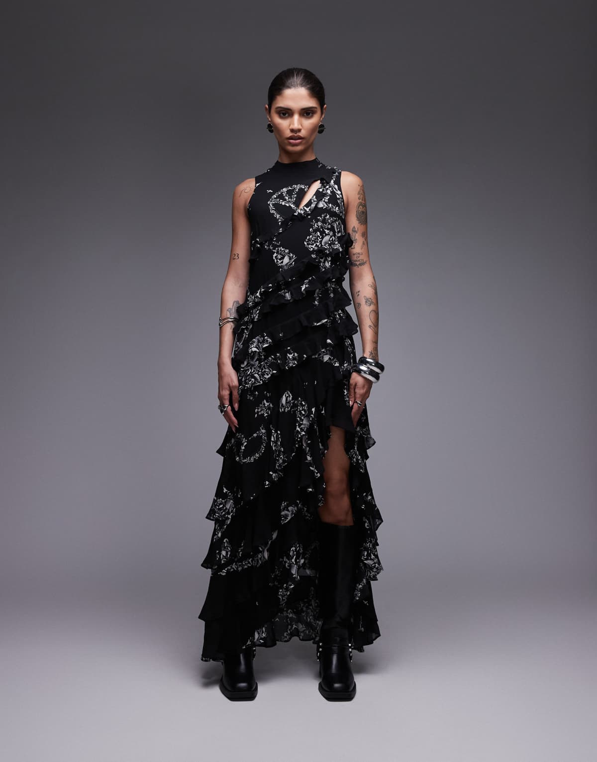 Allsaints Cady printed ruffle dress in black - BLACK