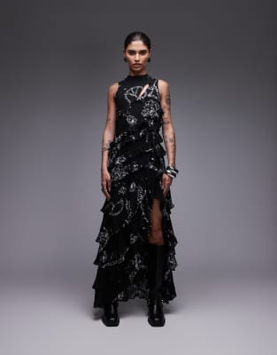 AllSaints Allsaints Cady printed ruffle dress in black