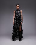 [AllSaints] AllSaints Cady printed ruffle dress in black 14 FLIGHT BLACK