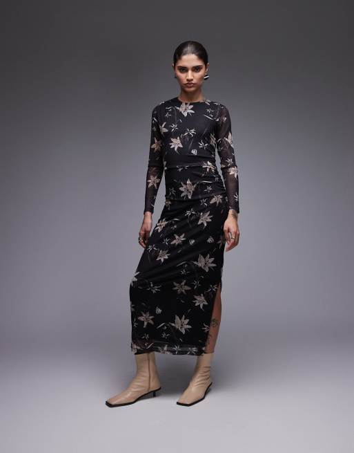 AllSaints - Caia - Brun kjole i mesh med blomsterprint