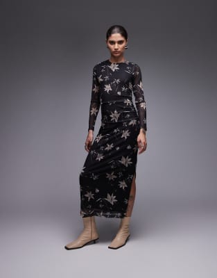 AllSaints - Caia - Netzstoffkleid in Petra-Braun mit Blumenmuster-Brown