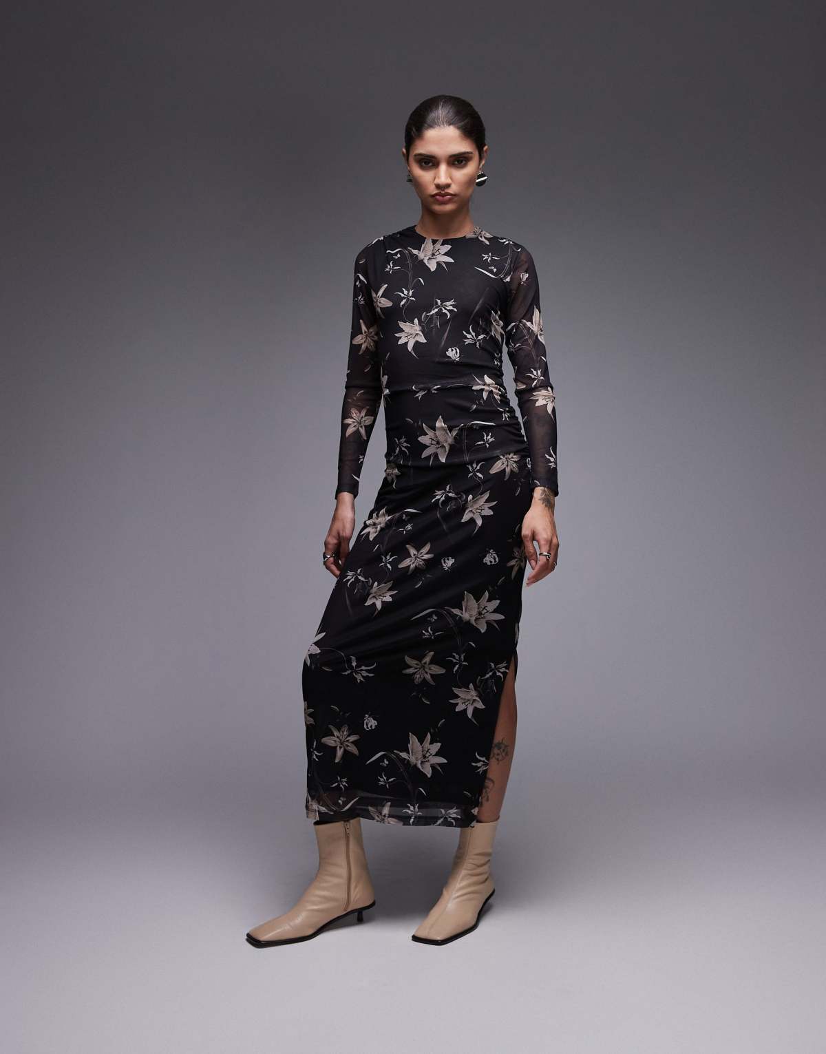 Allsaints Caia printed floral mesh dress in petra brown - BROWN