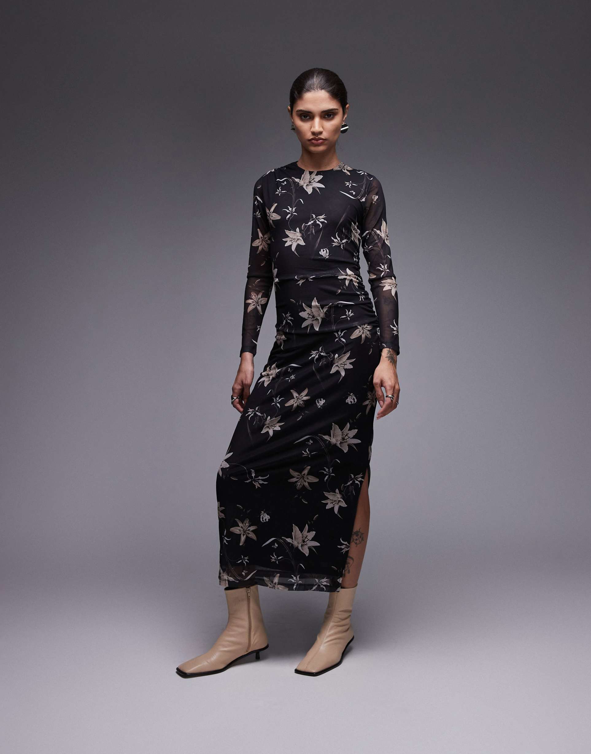 allsaints caia printed floral mesh dress in petra brown