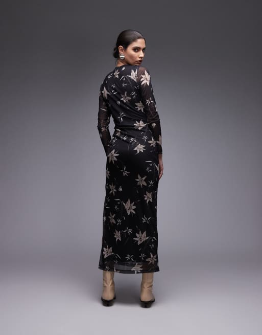 AllSaints - Caia - Vestito in rete con stampa a fiori marrone pietra , 3 di 4