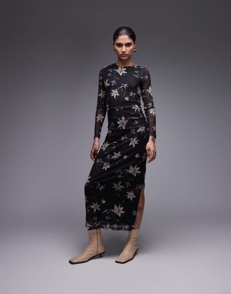 Allsaints Caia printed floral mesh dress in petra brown 