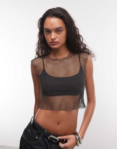 AllSaints Calytric diamante sparkle mesh top in black - view 1