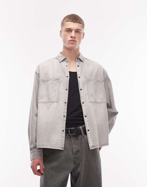 AllSaints - Camicia di jeans a maniche lunghe in tela grigio chiaro slavato - view 1